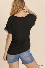 Load image into Gallery viewer, Umgee Linen Blend Frayed V-Neck and Short Sleeve Top with Front Tie-able Knot
