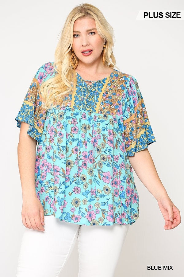 Gigio Plus Size Floral Print Lace Up Flutter Sleeve Top | Sensual ...