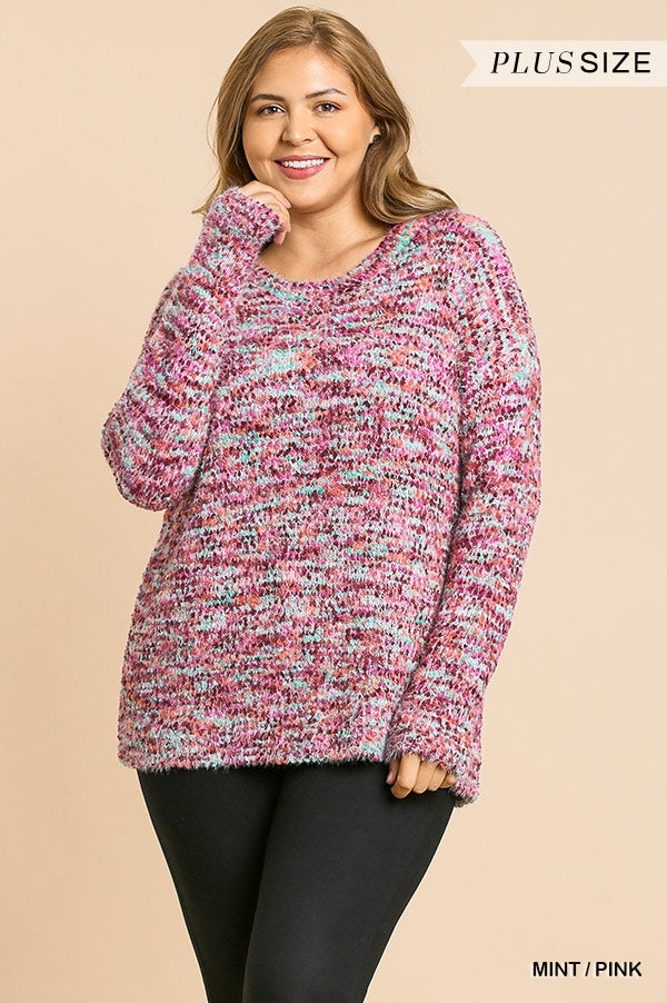 Umgee Multicolor Fuzzy Knit Long Sleeve Round Neck Pullover Sweater