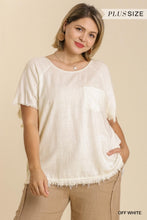 Load image into Gallery viewer, Umgee Linen Blend Round Neck Short Sleeve Top with Chest Pocket and Raw Edged Hem
