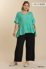Load image into Gallery viewer, Umgee Mandarin Collar Split Neck Bell Ruffle Sleeve Tiered Top
