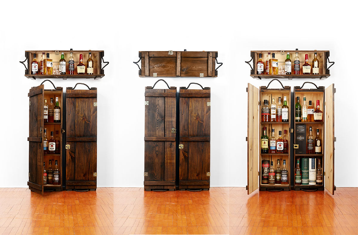 Whiskey cabinets | Whiskey displays | Whiskey, scotch, rye, bourbon | Man cave decor | Industrial style