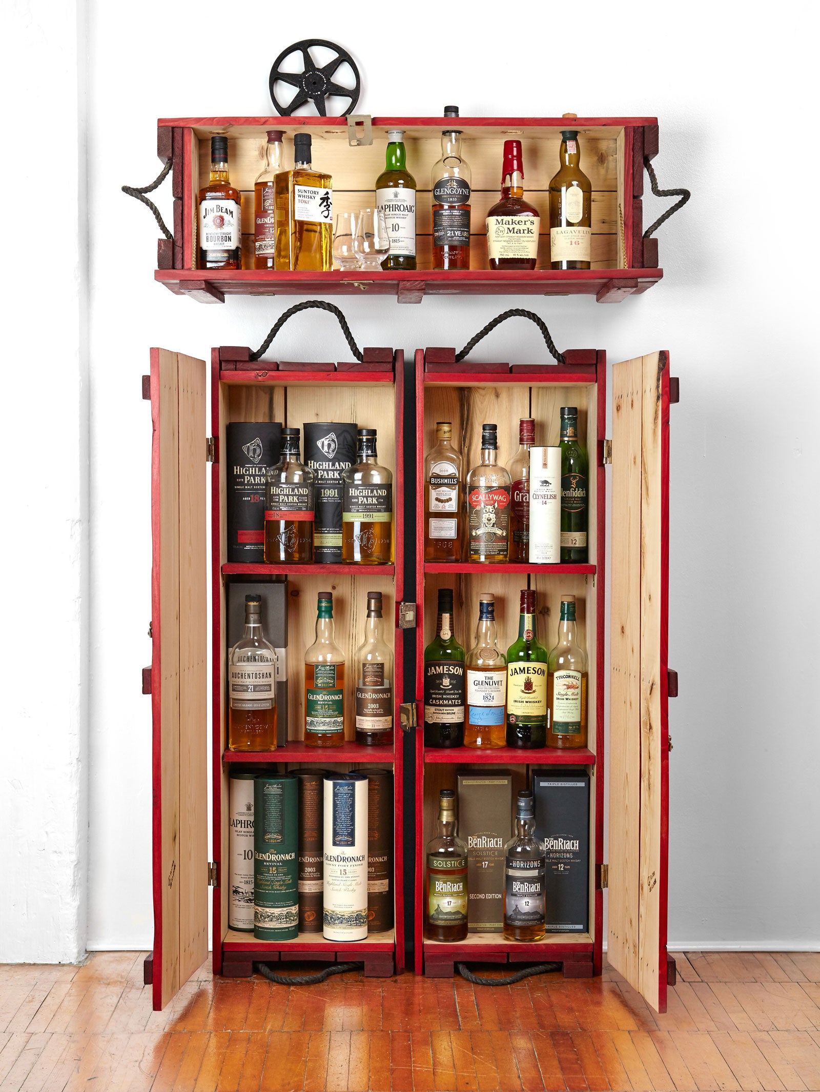 Whiskey cabinet and mini Bar | Red wooden liquor cabinets | Whiskey, scotch, rye display