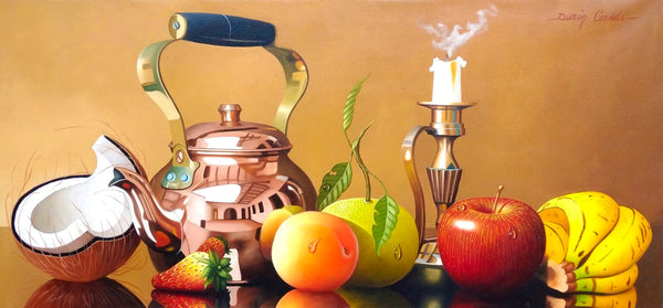 Still life oil paintings on canvas in which the colombian artist conveys a beautiful scene of fruits, candle, and bronze teapot.