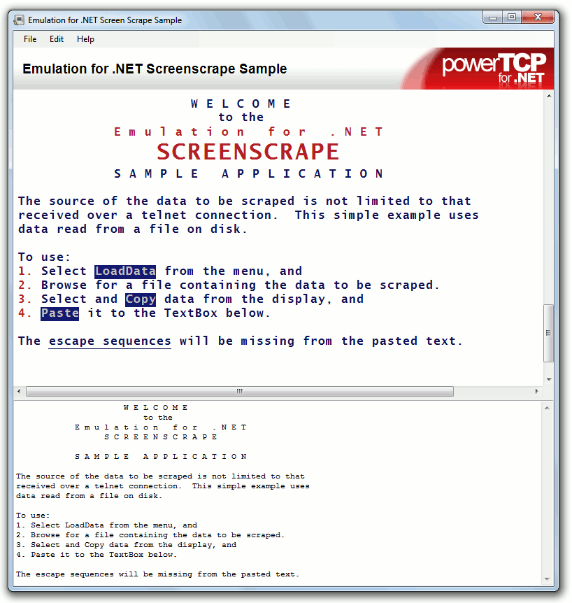 PowerTCP Emulation for .NET Screenscrape Sample Screenshot