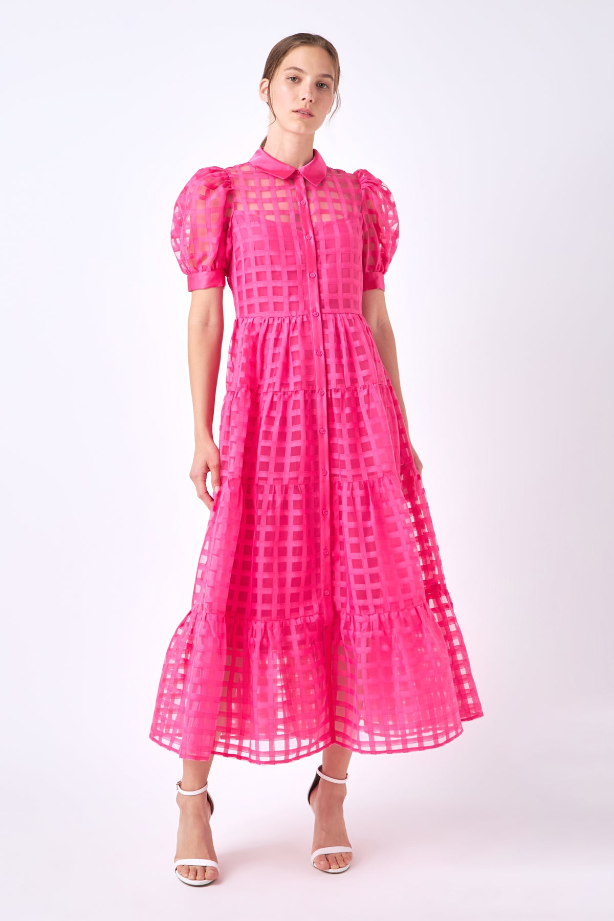 Gridded Organza Tiered Maxi Dress