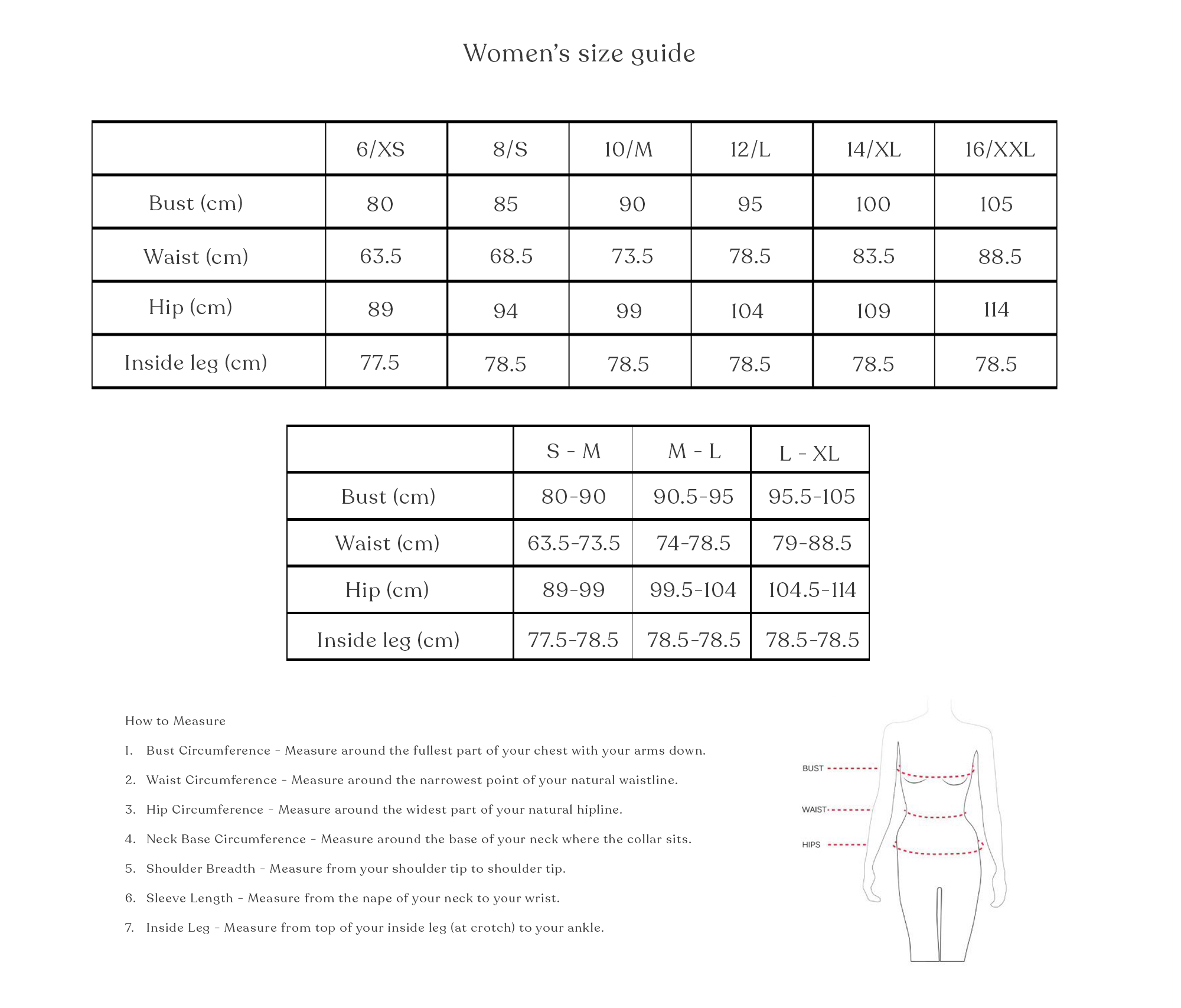 SIZE GUIDE FOR WOMEN