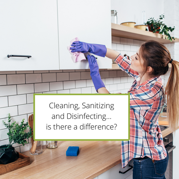 meme of woman cleaning and white rectangle that says "cleaning, sanitizing and disinfecting...is there a difference?"
