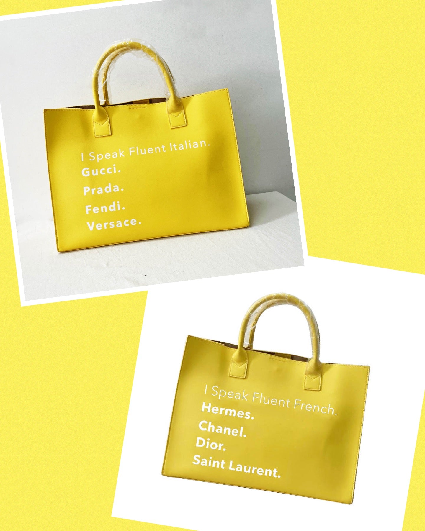 I Speak Italian or French Vegan Leather Tote - Lemon – Peace Love Fashion