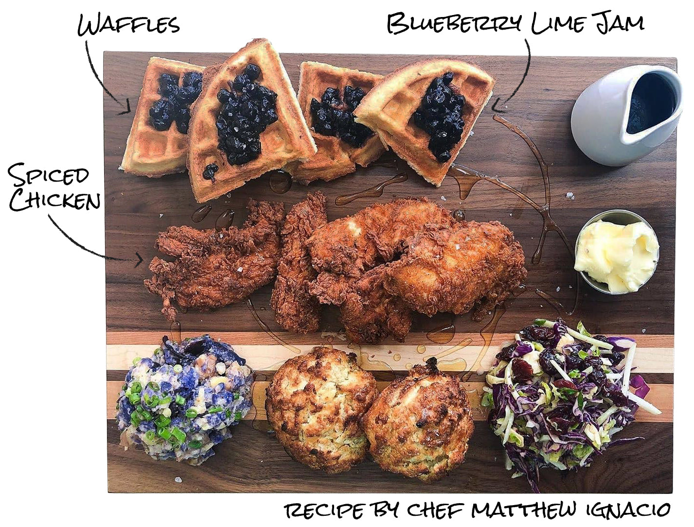 Chicken and waffles on sonder la motley cutting board