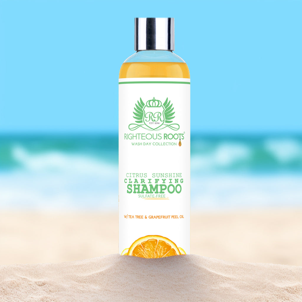 Chlorine and saltwater can cause buildup on your hair, making it dull and lifeless. Combat this by using Righteous Roots Clarifying Shampoo to effectively remove buildup and restore your hair’s natural shine.   Infused with grapefruit peel oil, it eliminates impurities and rebalances your hair's pH level while the coconut and peppermint oils ensure that your hair remains nourished and hydrated after a long hot day in the sun!