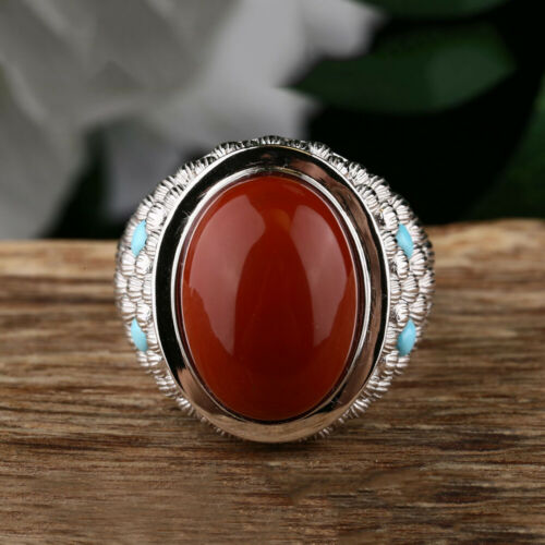 Real Solid 925 Sterling Silver Rings Red Agate Turquoise Charm Fashion Punk Jewelry Open Size 7-10