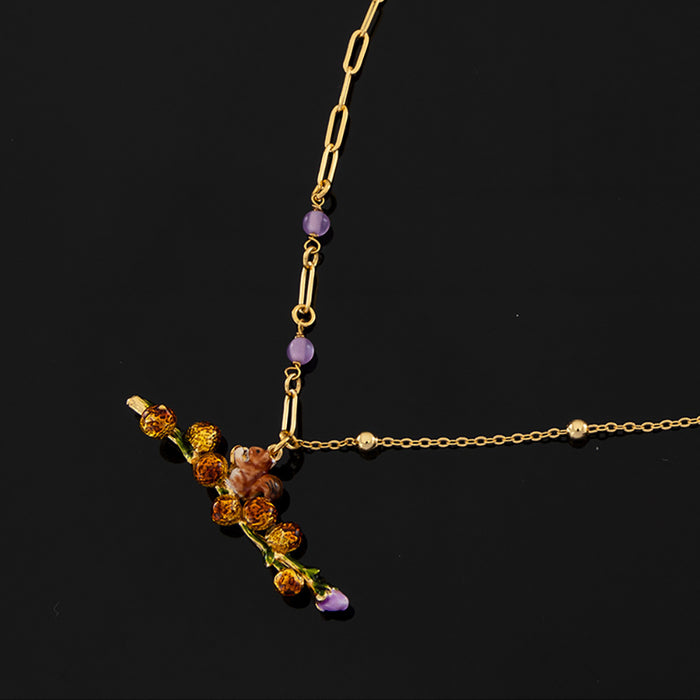 Beautiful Acorn Squirrel Enamel Necklaces Pendants Tree Branch Fashion Jewelry