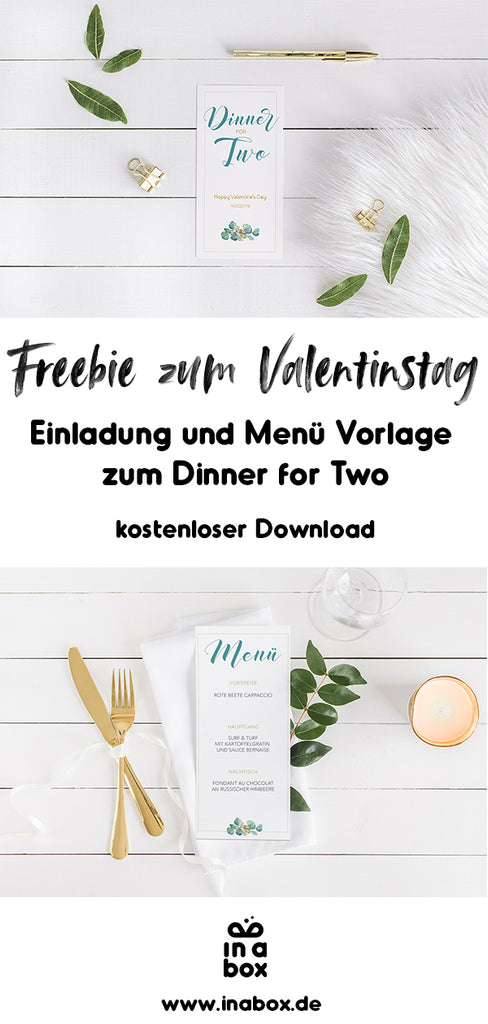 Freebie zum Valentinstag kostenlose Vorlage Dinner Menü und Einladungskarte