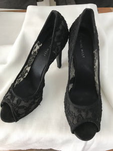 black lace peep toe heels