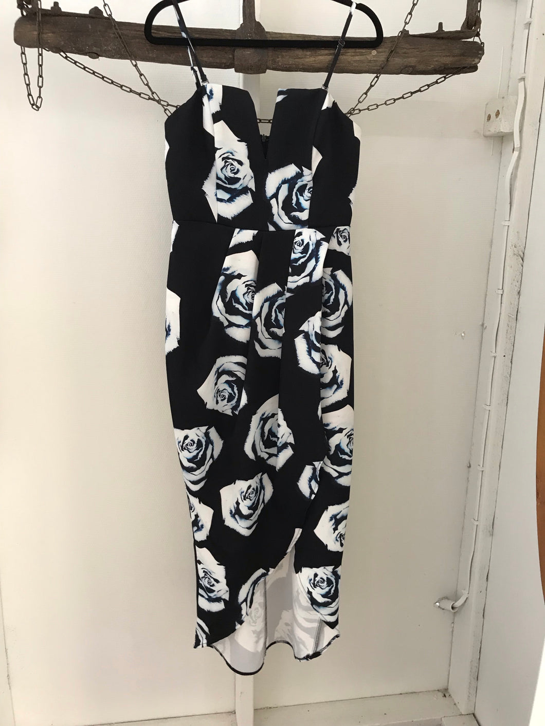 black dress with white roses