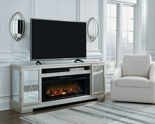 Flamory - Silver - 72" TV Stand With Electric Infrared Fireplace Insert
