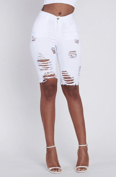 white distressed bermuda shorts