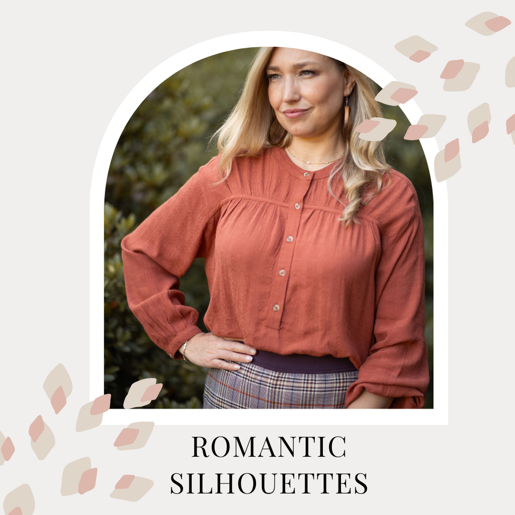 Dayna wears a rust coloured blouse with gathers at the chest, with checked pants. Text reads: romantic silhouettes