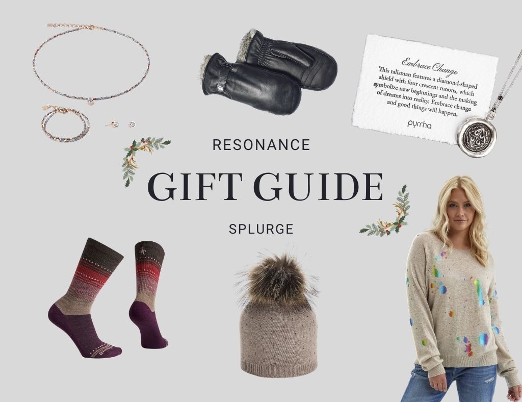 An image has the headline: Resonance Gift Guide - Splurge. Gifts are shown, including mitts, jewellery, socks, a sweater and a pompom toque.