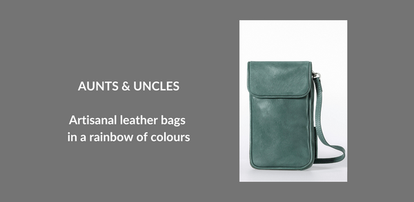 An emerald green leather phone pouch is shown. Text reads: Aunt & Uncles. Artisanal leather in a rainbow of colours