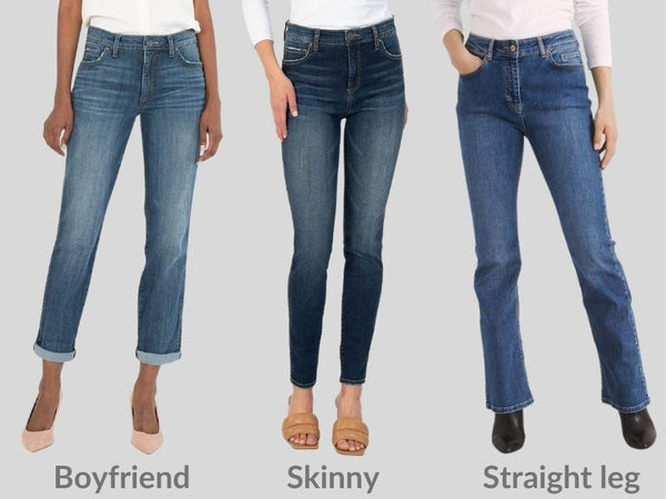 Photographs of women wearing different styles of jeans are shown. Left to right: Boyfriends, Skinnies, and Straight Legs