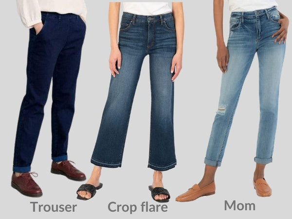 Photographs of women wearing different styles of jeans are shown. Left to right: Trousers, Crop Flares and Mom jeans