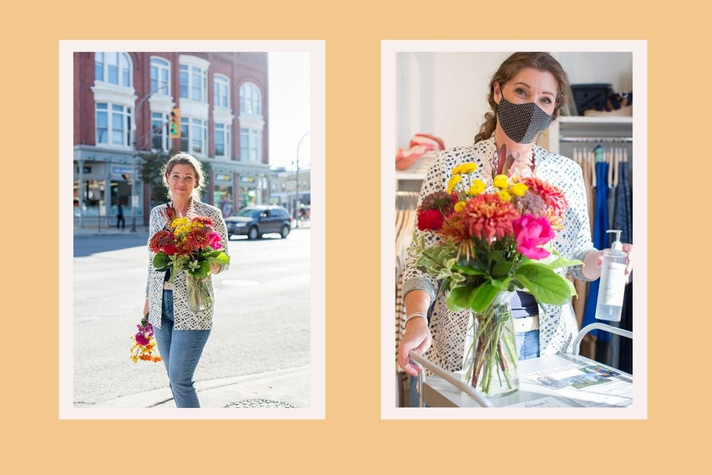 Left, Jo walks on the street carrying a bouquet. Right, Jo greets customers at the front door of Resonance, with a bouquet and a hand sanitization station.