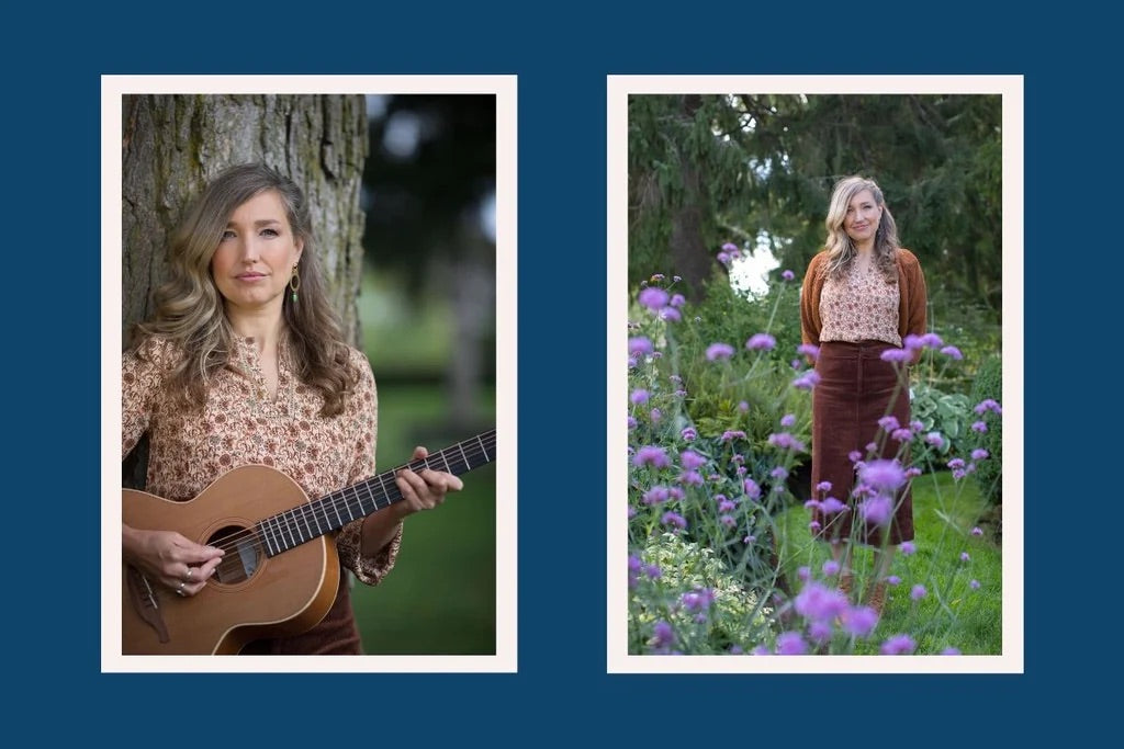 At right, Dayna is shown in an outdoor location holding a guitar. At left, she stands in a blossoming garden.
