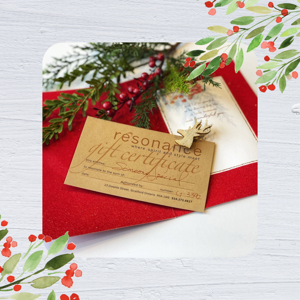 An image is shown of a cardboard gift card. It reads: Resonance - Where Style and Spirit Meet To: Someone special.