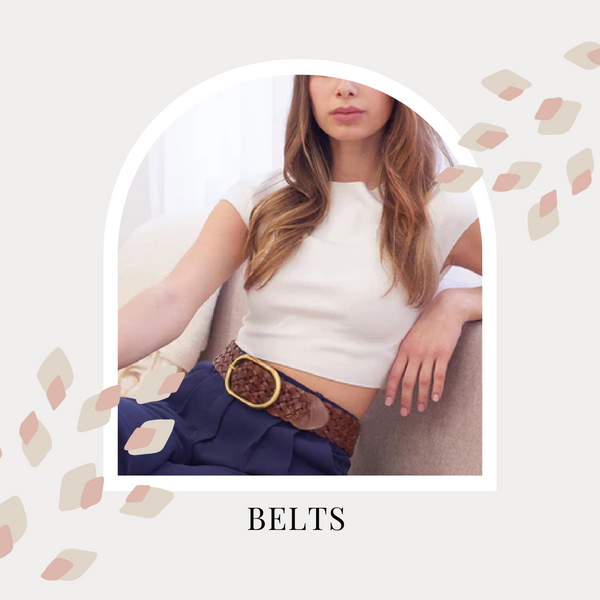 A woman wears a wide leather belt with a brass buckle. Text reads: Belts