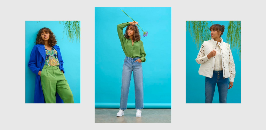 Three photos are shown. In each photo, a model is shown wearing vibrant blue and green colours against a turquoise backdrop.