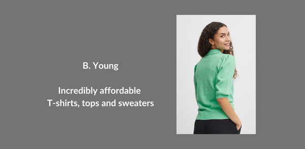 A woman is shown wearing a green sweater. Text reads: B. Young, incredibly affordable T-shirts, tops and sweaters