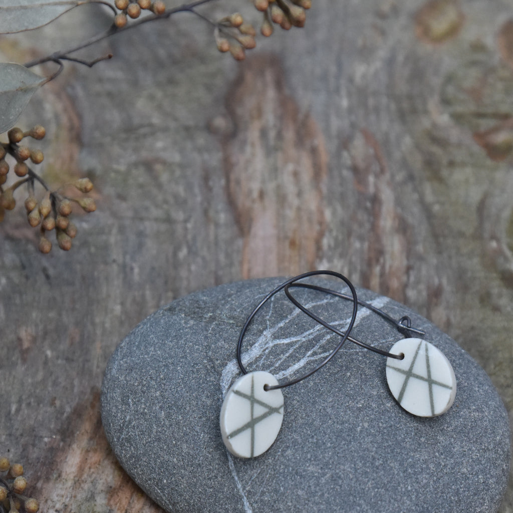 Dark Grey Mishima Hatch Ovals on Blackened Silver Large Hoops