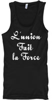 Haitian Motto "L'union fait la force" written in white on a mens black tank top - Brand Callalooyah