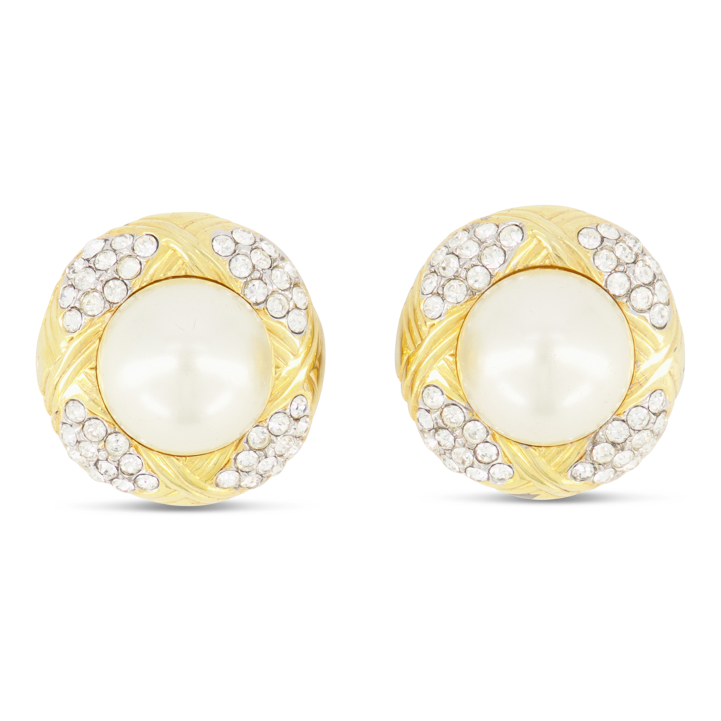 Rhinestone Round Earring with White Pearl Center
