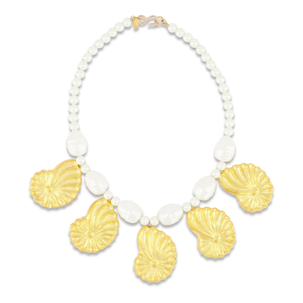 Pearl Necklace with Gold Shell Motifs
