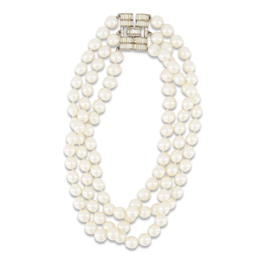 White Pearl Knotted Necklace with Rhodium, Rhinestone and Crystal Baguettes