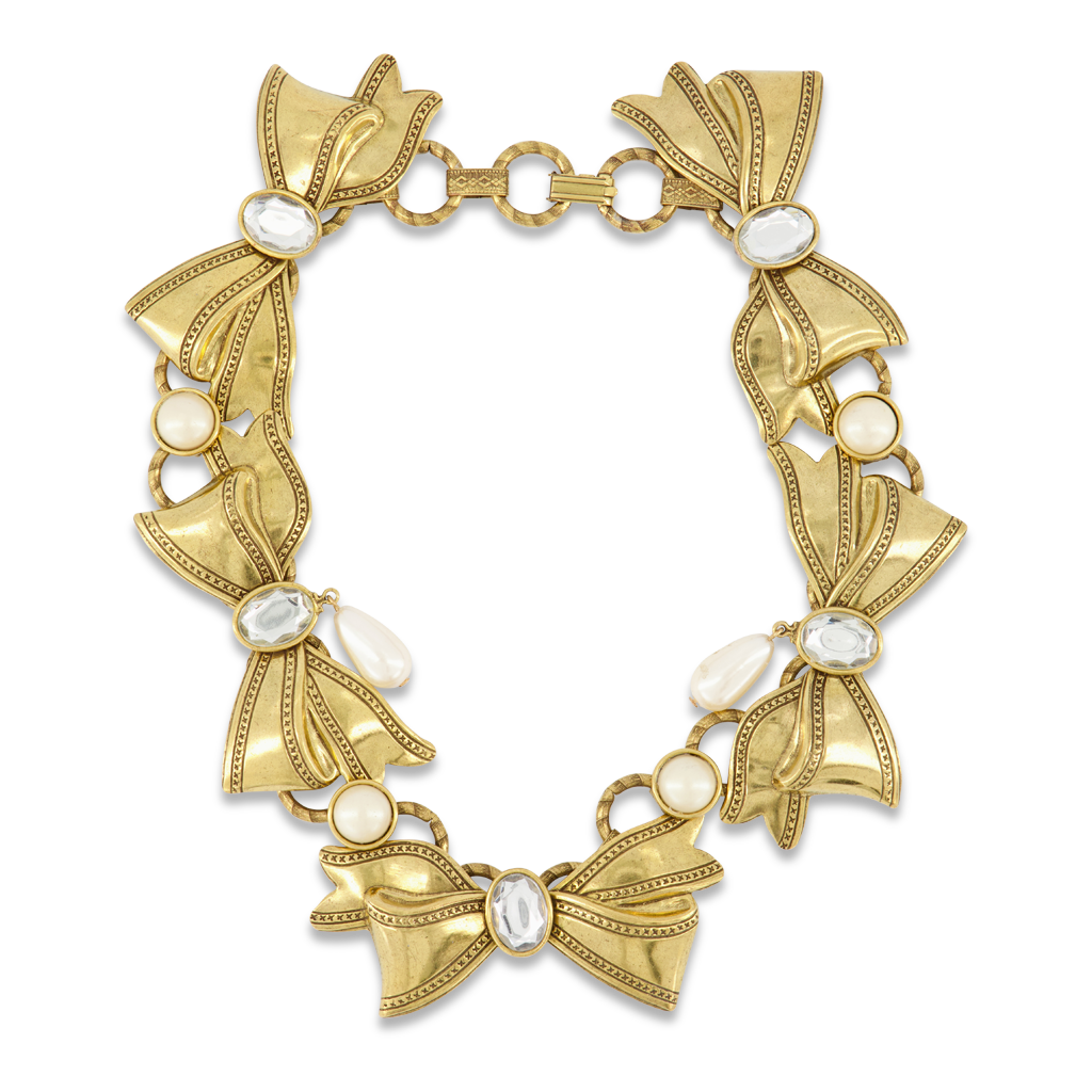 Antique Gold Bow Necklace with Crystal and Pearl TearDrops