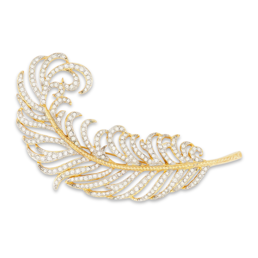 Gold and Rhinestone Feather Pin