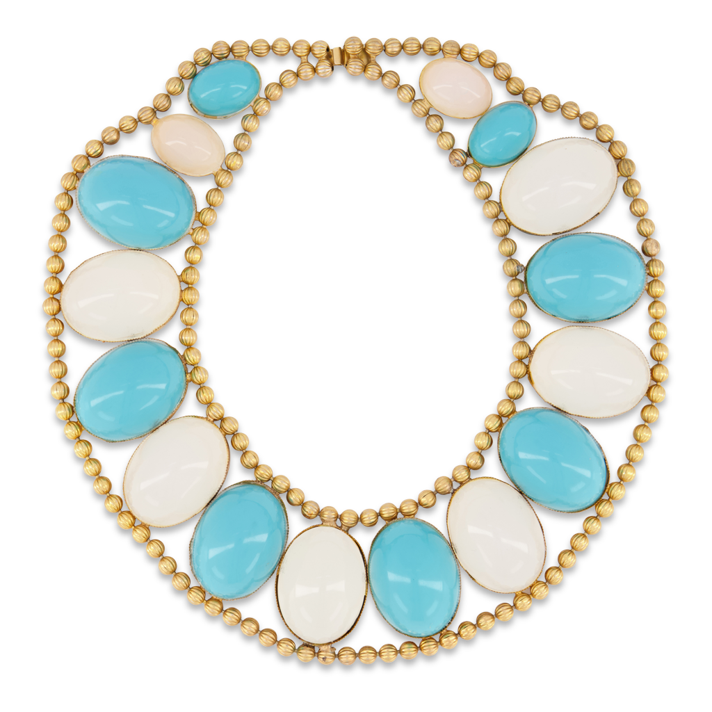 Antique Gold Beaded Collar Necklace with Moonstone and Aqua Cabochons