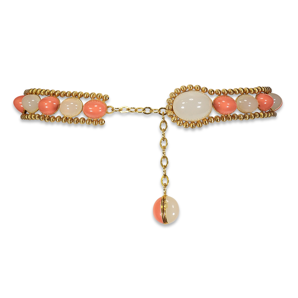 Antique Gold Beaded Belt with Clear and Coral Cabochons
