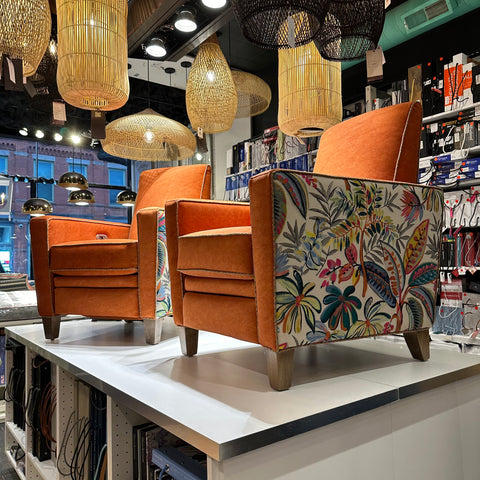 Custom made recliner armchairs in vibrant fabrics.