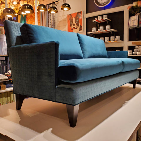 Custom made & upholstered blue velvet sofa by Kendall & Co.