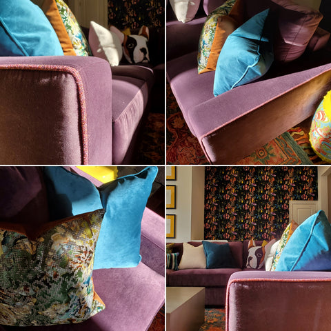 Purple velvet sofa, dog pillow, and velvet wallpaper.