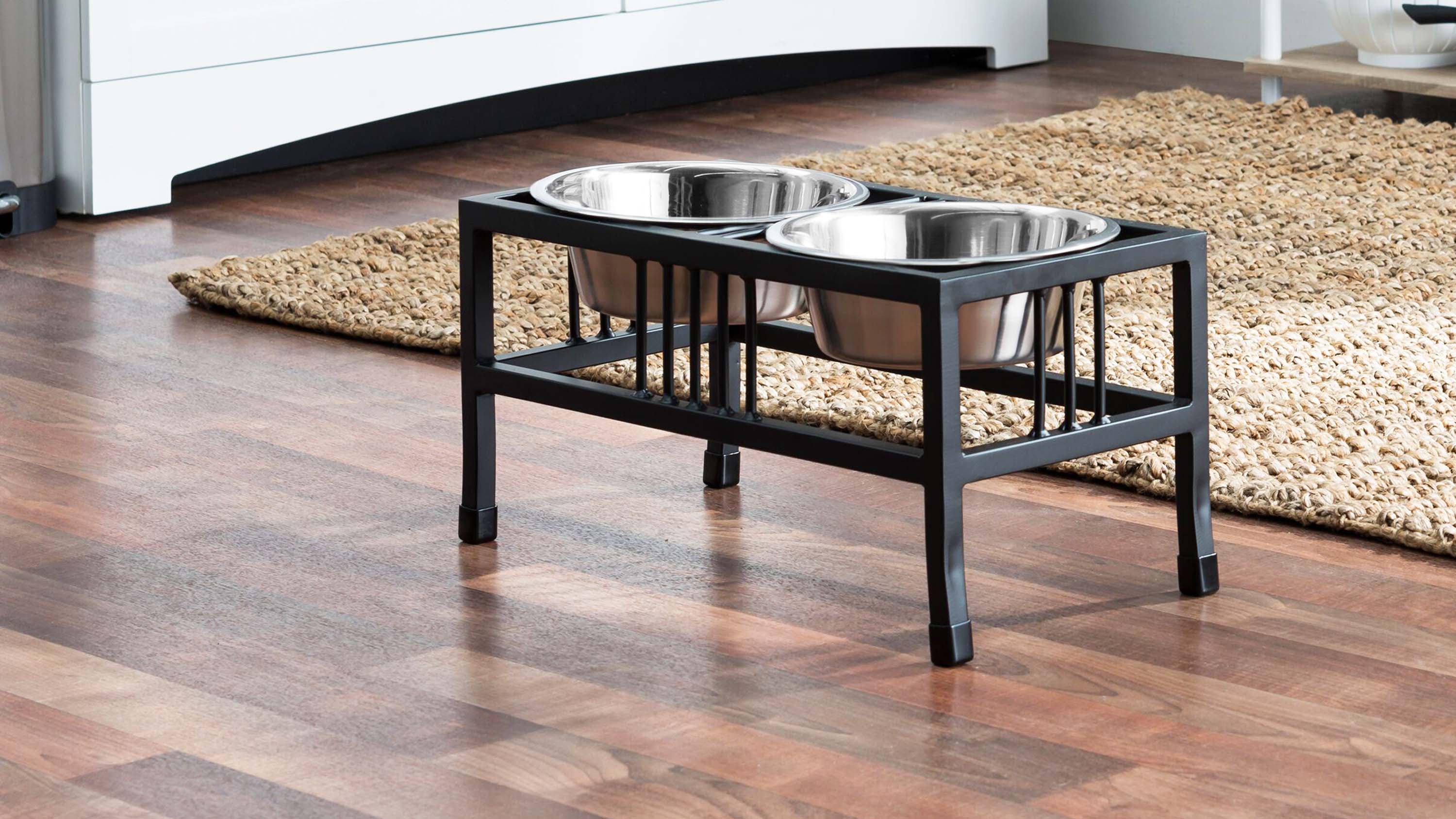 Modern Tall Metal Elevated Dog Bowl With Natural Wood Top - Black