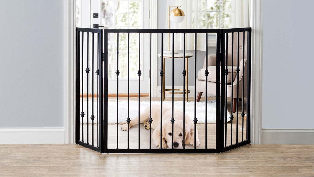 Stylish Freestanding Pet Gate for Dogs, Extra Tall. Freestanding Dog Fence For Doorway, Stairs, Hallway. Decorative, Black Wrought Iron Metal for Inside the House. Large Dog. 3 Panel, Folding, Temporary Free Standing. Emperor Rings by NMN Designs