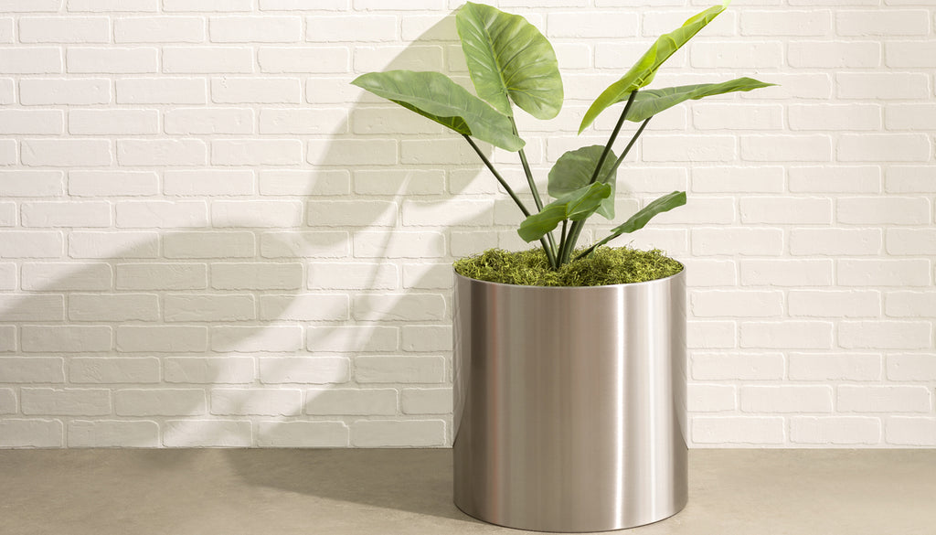 Knox Cylinder Planter. Modern Stainless Steel Metal Round Plant Pot for Plants and Trees. 12" Small, 18" Medium, 24" Large, 31" Extra Large, Fiberglass Lining (No Drainage). Outdoor. Indoor.