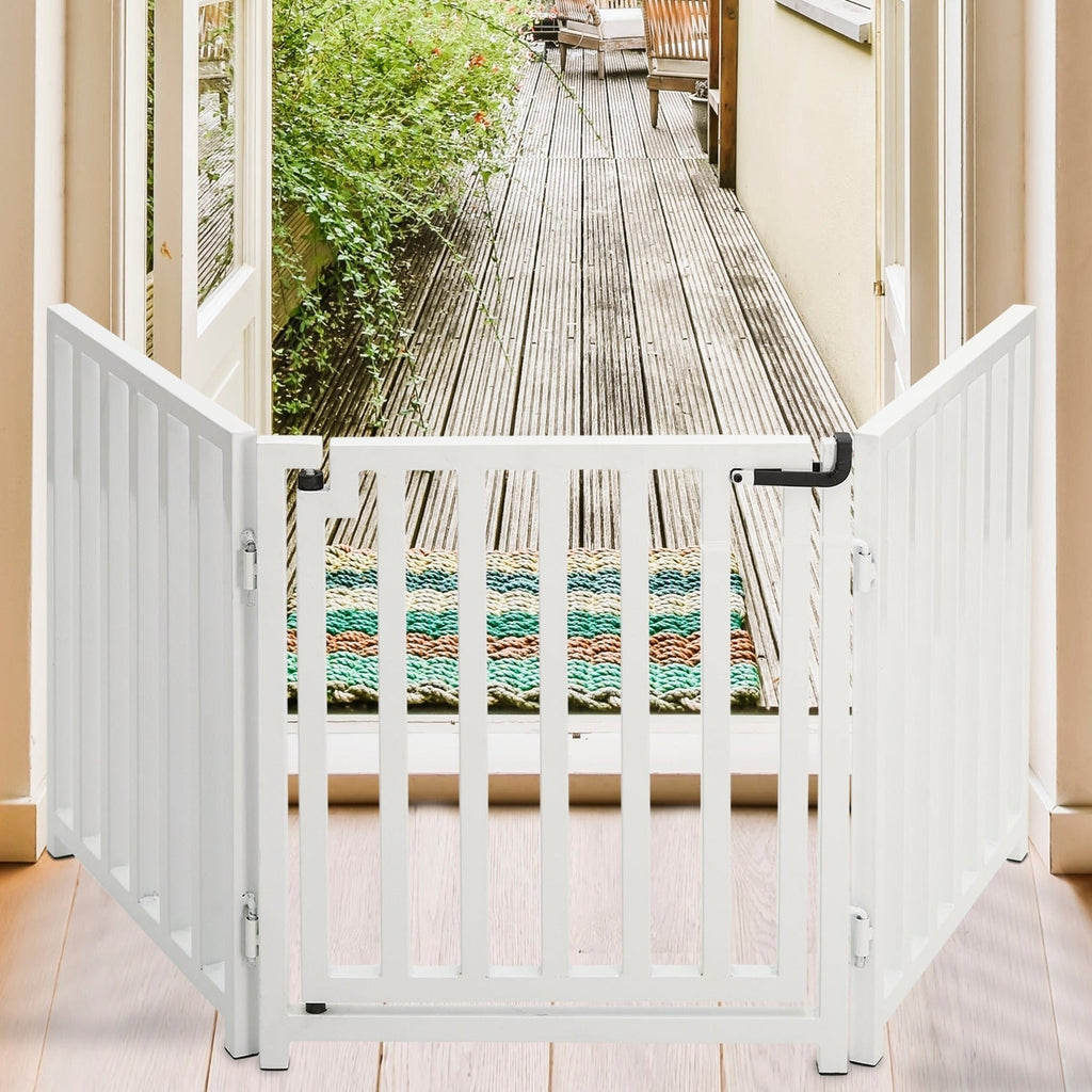 Pet Gate with Door for Small Dogs, For Stairs, Doorway, Front Door, Patio Door, French Door. For Outdoor Use and Inside the House. Freestanding w/ Door. Pet Gate for Small Dogs. Short Dog, Doggie, Puppy Gate , Free Standing Dog Fence. 24" Tall White Metal 3 Panel with Door. Step Over. Libro by NMN Designs