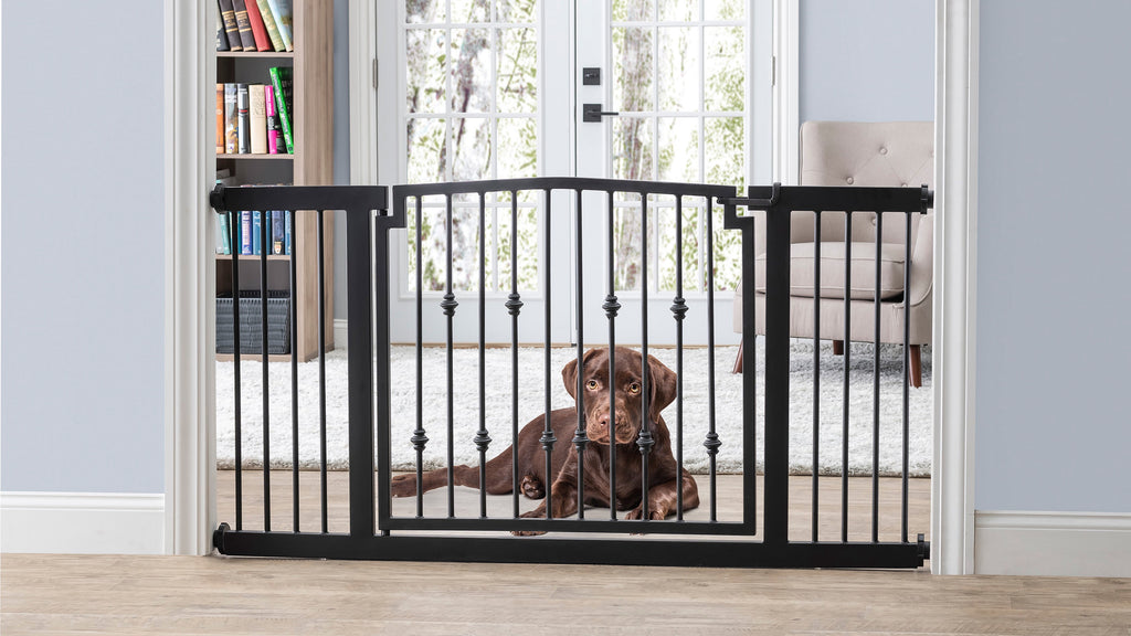 Heavy Duty Dog Gates for Large Dogs. Large Puppy Gate, Indoor Dog Fence, Doggy Barrier with Walk Through Door, Stairs, Doorway, Hallway, Living Room. Wide and Long Openings Inside the House. Outside on the Deck, Porch, or Patio. NMM Designs